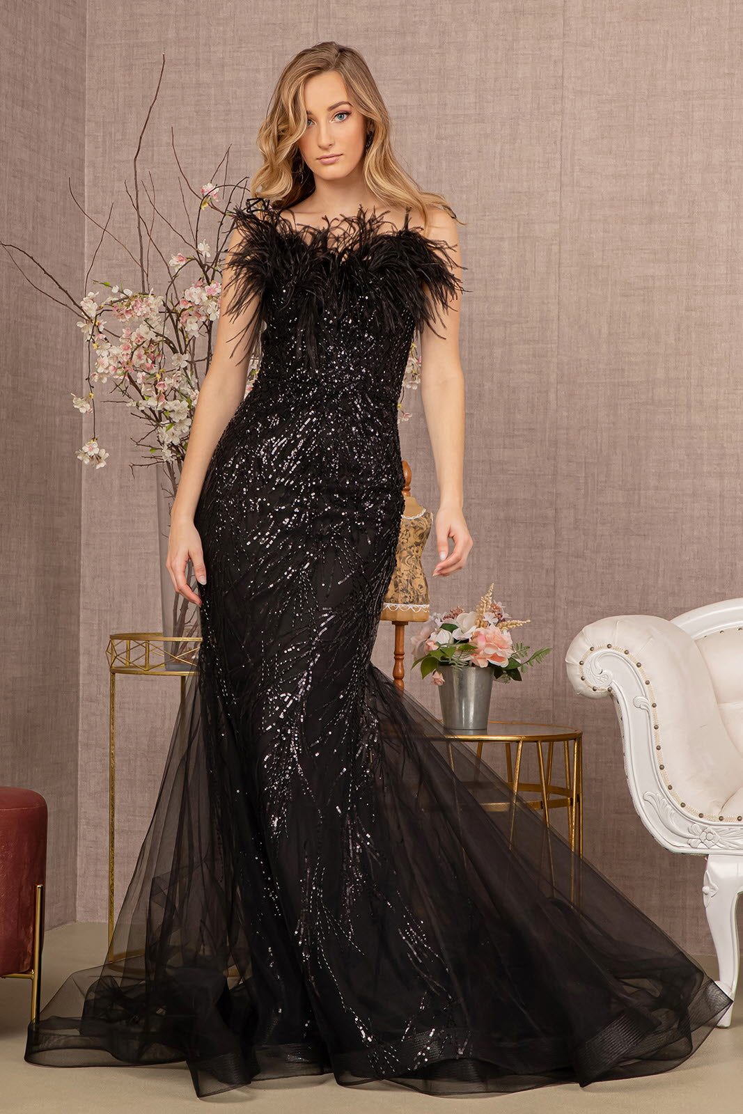 black feather prom dress